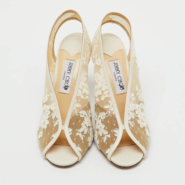 Pre Owned Jimmy Choo White Lace and Leather Shar Slingback Pumps Size 40