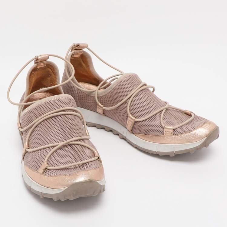 Pre Owned Jimmy Choo Old Rose/Rose Gold Mesh And Leather Trims Andrea Mesh Slip-On Sneakers Size 39.5