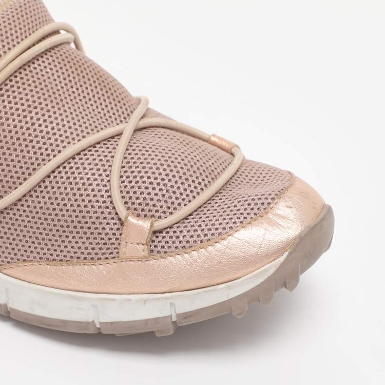 Pre Owned Jimmy Choo Old Rose/Rose Gold Mesh And Leather Trims Andrea Mesh Slip-On Sneakers Size 39.5