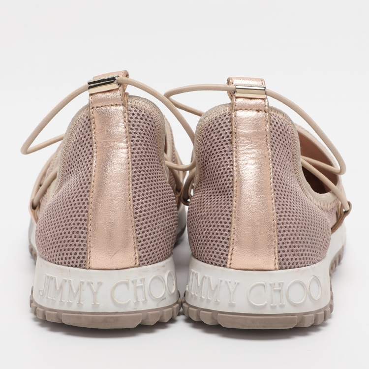 Pre Owned Jimmy Choo Old Rose/Rose Gold Mesh And Leather Trims Andrea Mesh Slip-On Sneakers Size 39.5