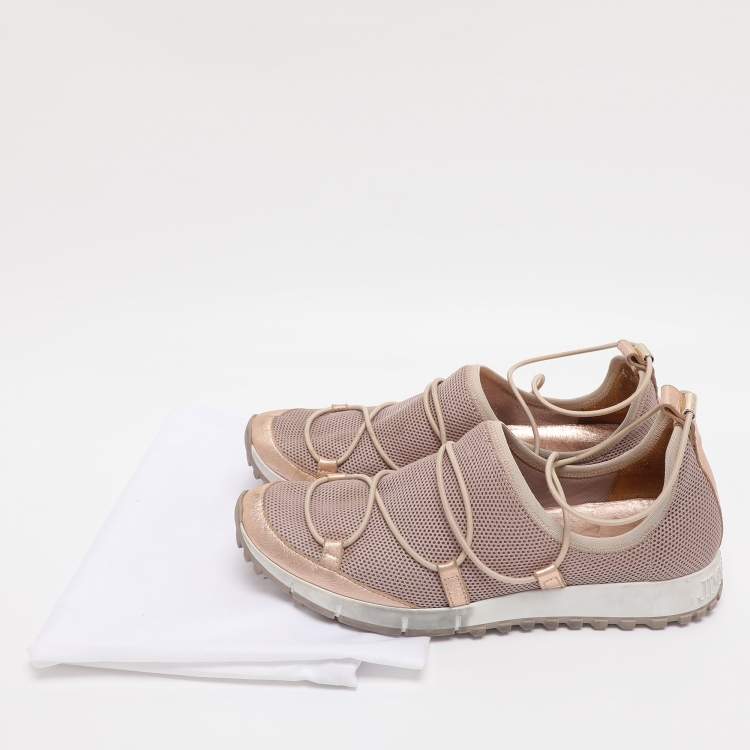 Pre Owned Jimmy Choo Old Rose/Rose Gold Mesh And Leather Trims Andrea Mesh Slip-On Sneakers Size 39.5