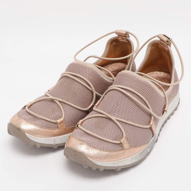 Pre Owned Jimmy Choo Old Rose/Rose Gold Mesh And Leather Trims Andrea Mesh Slip-On Sneakers Size 39.5