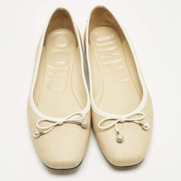Pre Owned Jimmy Choo Beige/White Leather and Raffia Elme Bow  Ballet Flats Size 40