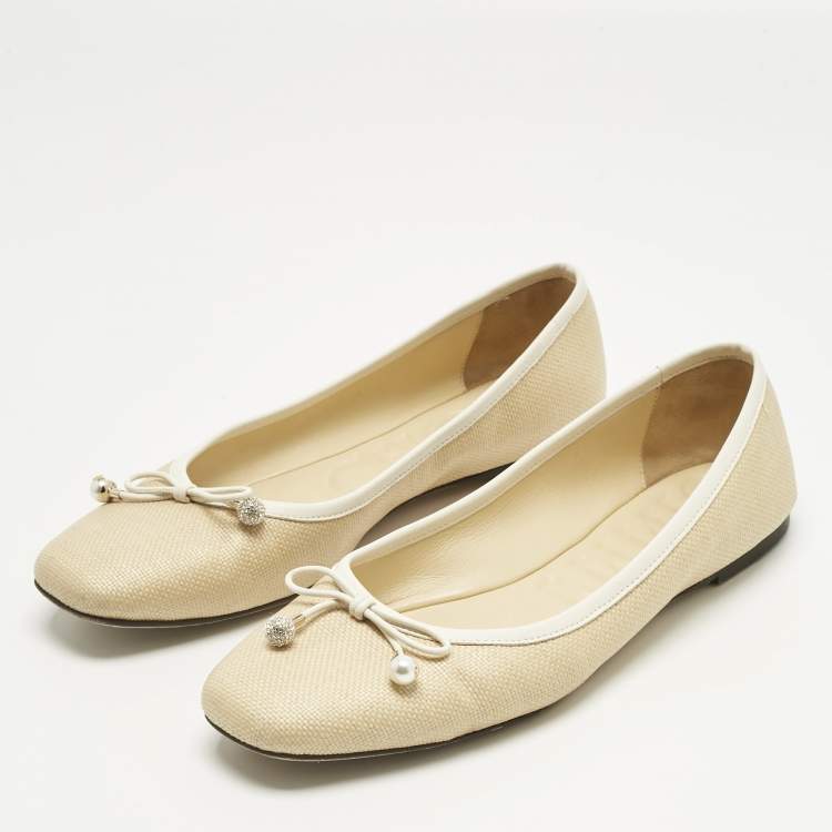 Pre Owned Jimmy Choo Beige/White Leather and Raffia Elme Bow  Ballet Flats Size 40