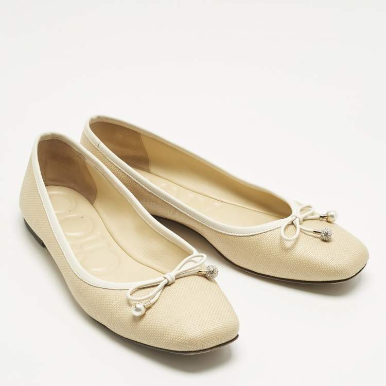 Pre Owned Jimmy Choo Beige/White Leather and Raffia Elme Bow  Ballet Flats Size 40