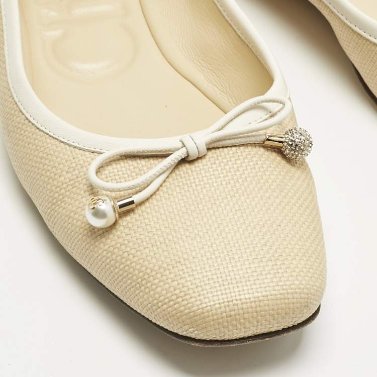 Pre Owned Jimmy Choo Beige/White Leather and Raffia Elme Bow  Ballet Flats Size 40
