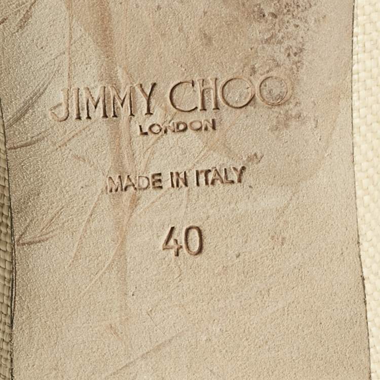 Pre Owned Jimmy Choo Beige/White Leather and Raffia Elme Bow  Ballet Flats Size 40