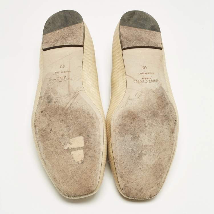 Pre Owned Jimmy Choo Beige/White Leather and Raffia Elme Bow  Ballet Flats Size 40