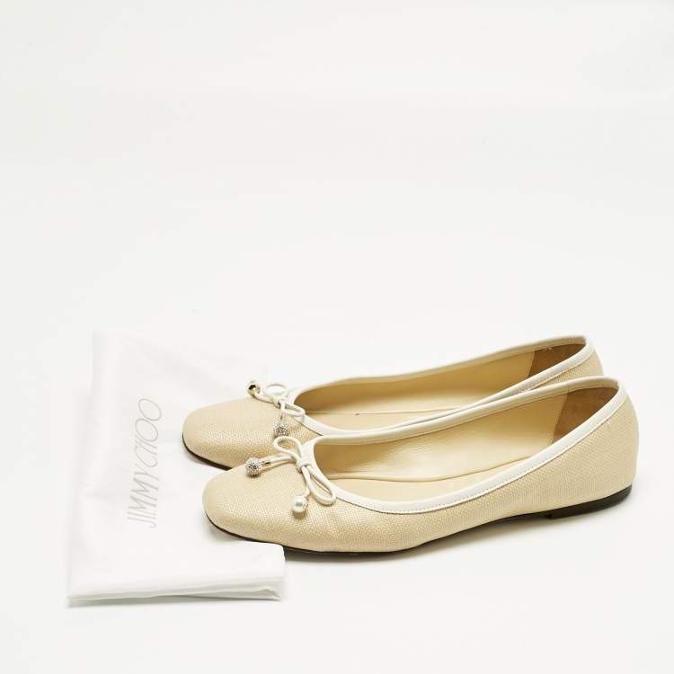 Pre Owned Jimmy Choo Beige/White Leather and Raffia Elme Bow  Ballet Flats Size 40