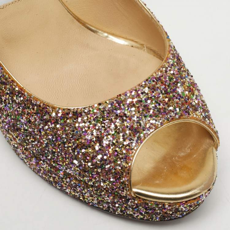 Pre Owned Jimmy Choo Multicolor Glitter Accents Peep Toe Slingback Pumps Size 38