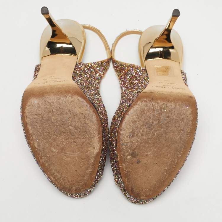 Pre Owned Jimmy Choo Multicolor Glitter Accents Peep Toe Slingback Pumps Size 38