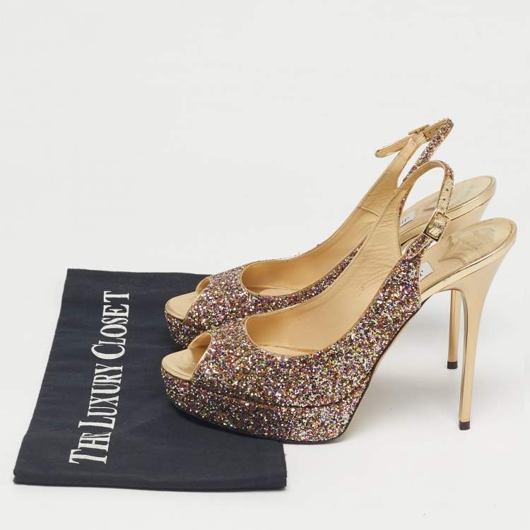 Pre Owned Jimmy Choo Multicolor Glitter Accents Peep Toe Slingback Pumps Size 38