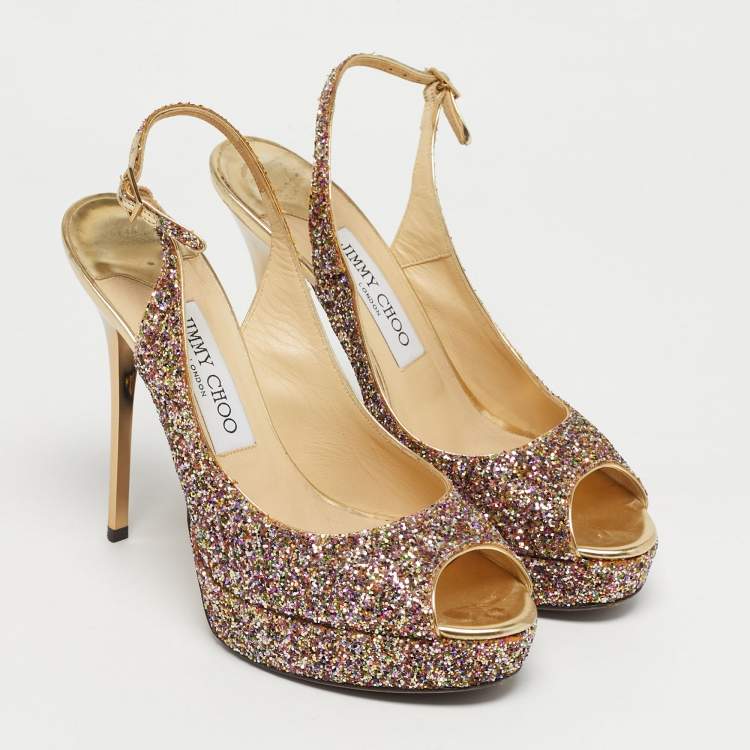Pre Owned Jimmy Choo Multicolor Glitter Accents Peep Toe Slingback Pumps Size 38