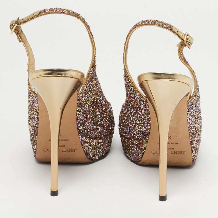 Pre Owned Jimmy Choo Multicolor Glitter Accents Peep Toe Slingback Pumps Size 38