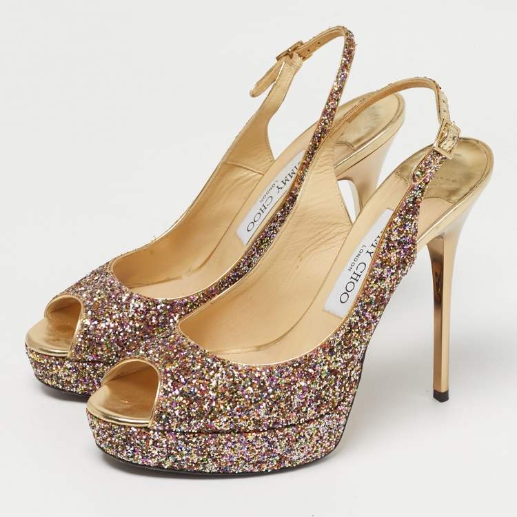 Pre Owned Jimmy Choo Multicolor Glitter Accents Peep Toe Slingback Pumps Size 38