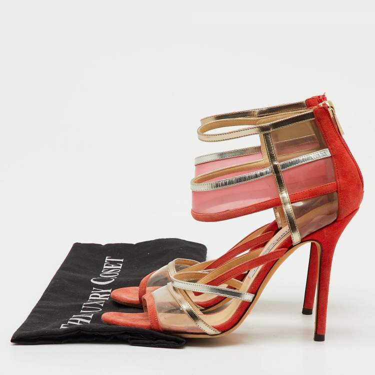 Pre Owned Jimmy Choo Orange/Metallic Suede, PVC and Leather Strappy Sandals Size 38