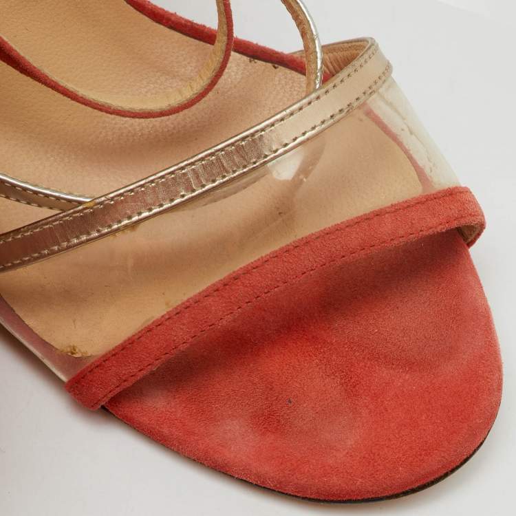 Pre Owned Jimmy Choo Orange/Metallic Suede, PVC and Leather Strappy Sandals Size 38