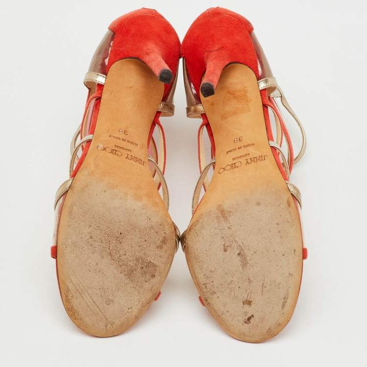 Pre Owned Jimmy Choo Orange/Metallic Suede, PVC and Leather Strappy Sandals Size 38