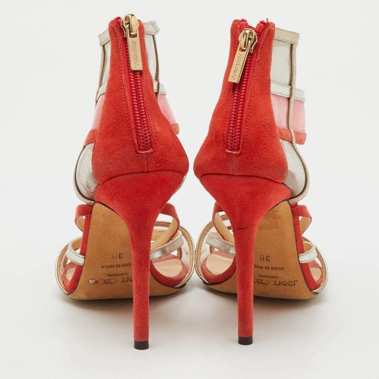 Pre Owned Jimmy Choo Orange/Metallic Suede, PVC and Leather Strappy Sandals Size 38