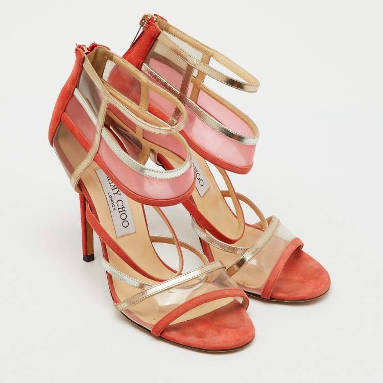 Pre Owned Jimmy Choo Orange/Metallic Suede, PVC and Leather Strappy Sandals Size 38