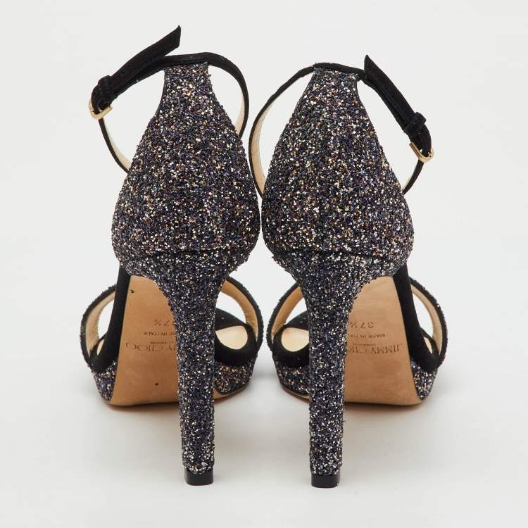 Pre Owned Jimmy Choo Multicolor Glitter Suede Misty Ankle Strap Sandals Size 37.5