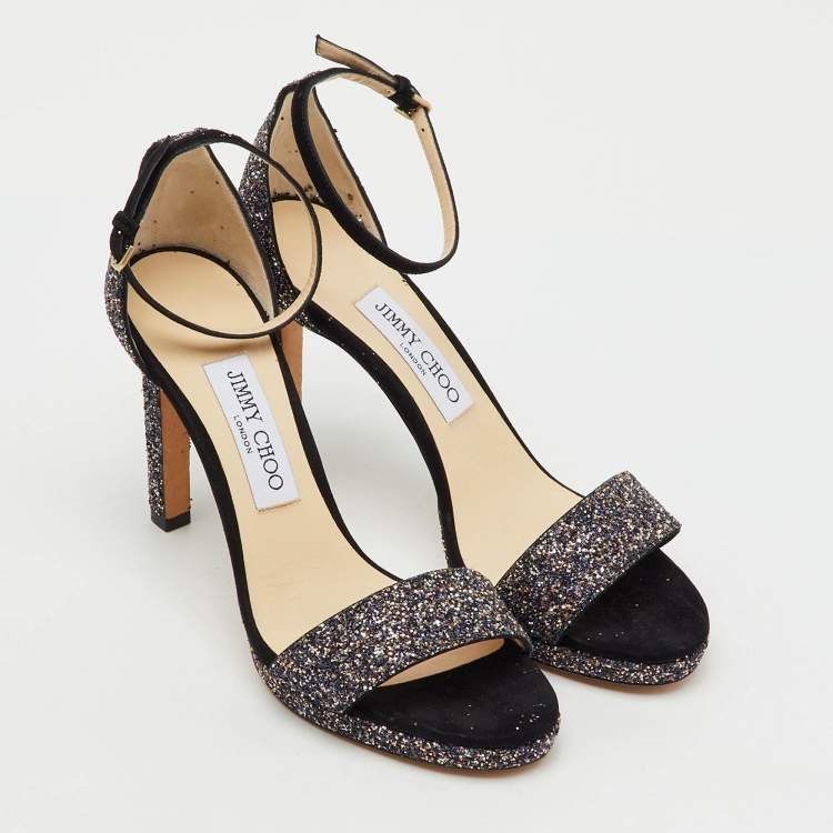 Pre Owned Jimmy Choo Multicolor Glitter Suede Misty Ankle Strap Sandals Size 37.5