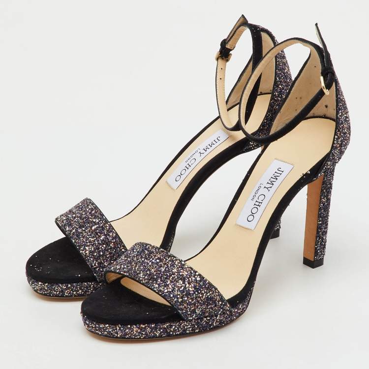 Pre Owned Jimmy Choo Multicolor Glitter Suede Misty Ankle Strap Sandals Size 37.5