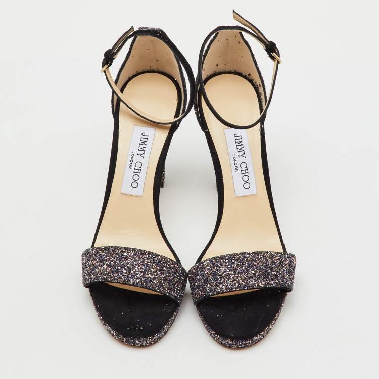 Pre Owned Jimmy Choo Multicolor Glitter Suede Misty Ankle Strap Sandals Size 37.5