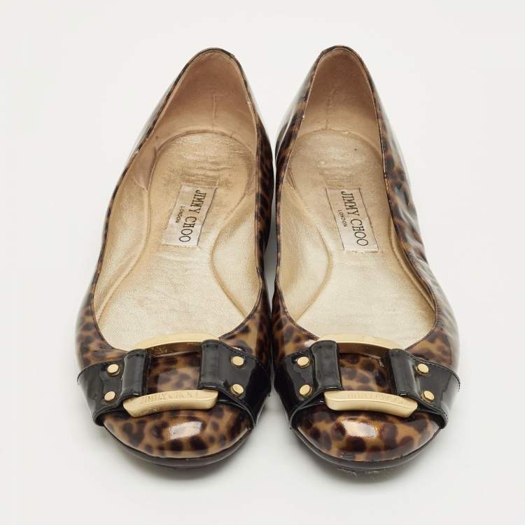 Pre Owned Jimmy Choo Brown/Black Patent Buckle Ballet Flats Size 39.5