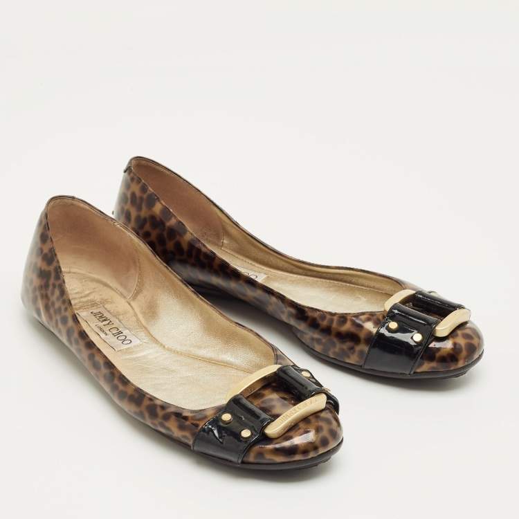 Pre Owned Jimmy Choo Brown/Black Patent Buckle Ballet Flats Size 39.5