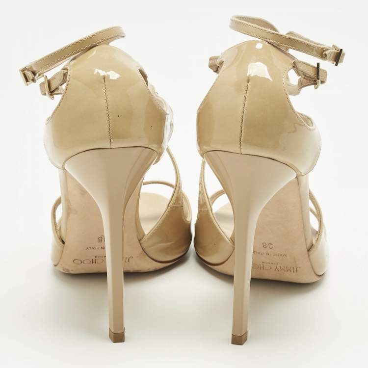 Pre Owned Jimmy Choo Beige Patent Leather Lance Ankle Strap Sandals Size 38