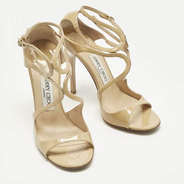 Pre Owned Jimmy Choo Beige Patent Leather Lance Ankle Strap Sandals Size 38