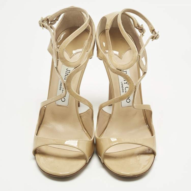 Pre Owned Jimmy Choo Beige Patent Leather Lance Ankle Strap Sandals Size 38