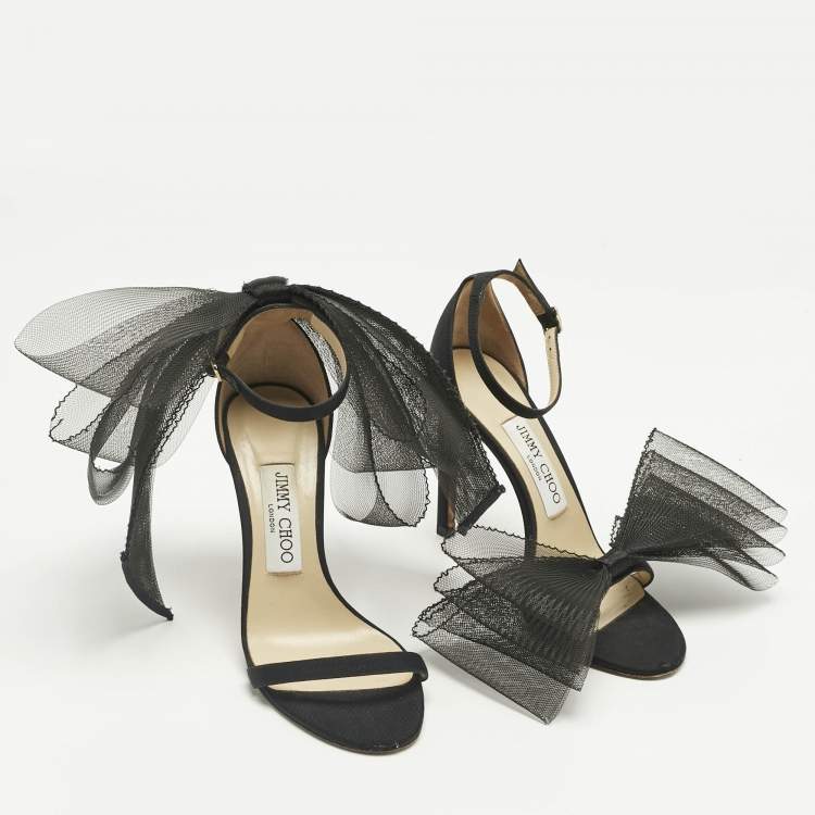 Pre Owned Jimmy Choo Black Canvas and Net Aveline Ankle Strap Sandals Size 36
