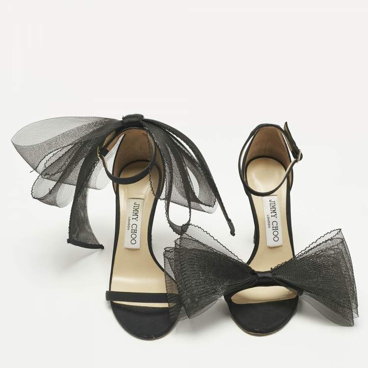 Pre Owned Jimmy Choo Black Canvas and Net Aveline Ankle Strap Sandals Size 36