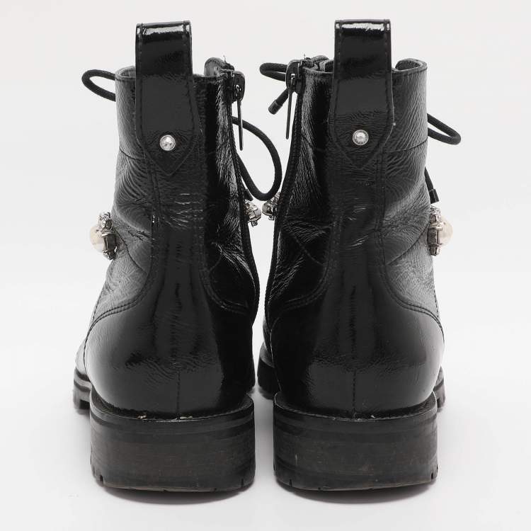 Pre Owned Jimmy Choo Black Patent Leather Cruz Combat Boots Size 37.5