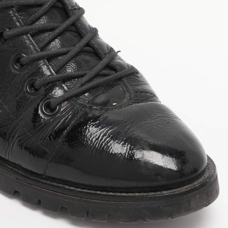 Pre Owned Jimmy Choo Black Patent Leather Cruz Combat Boots Size 37.5