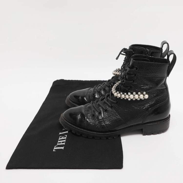 Pre Owned Jimmy Choo Black Patent Leather Cruz Combat Boots Size 37.5