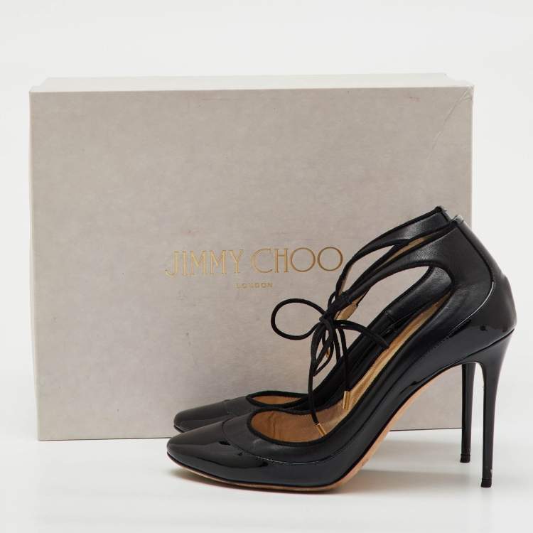 Pre Owned Jimmy Choo Black Leather and Patent Leather Tyler Pumps Size 38.5