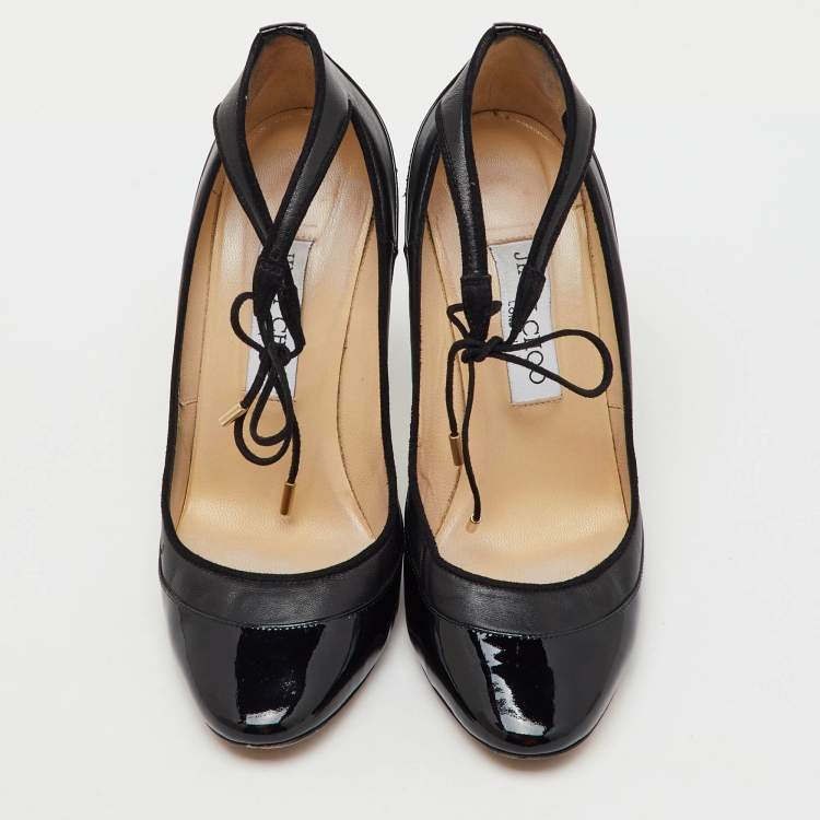 Pre Owned Jimmy Choo Black Leather and Patent Leather Tyler Pumps Size 38.5