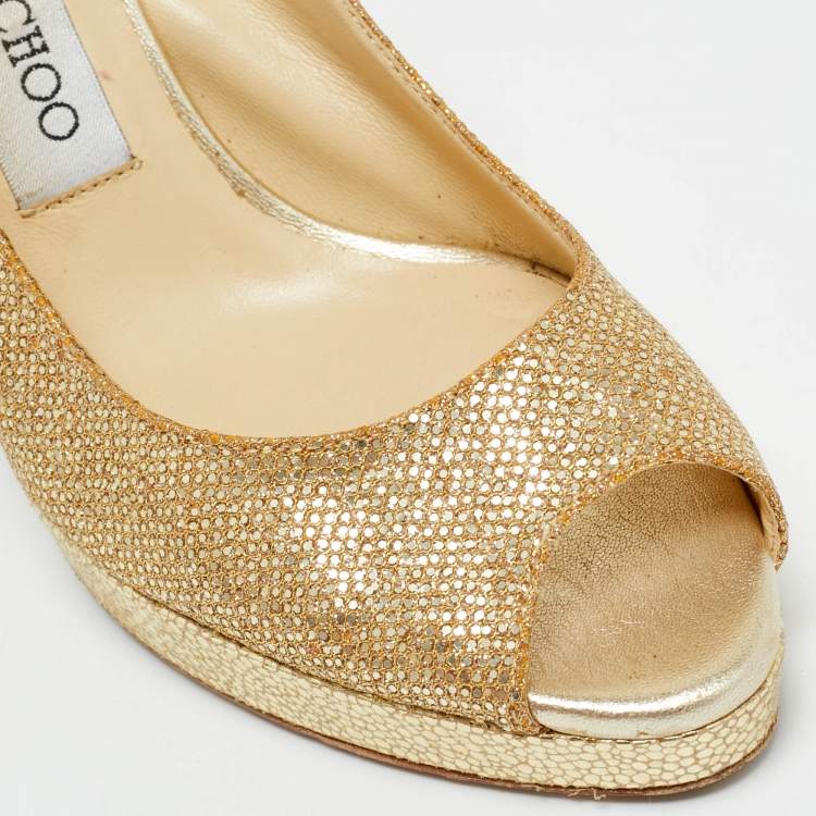 Pre Owned Jimmy Choo Gold Lurex Fabric verity Peep Toe Pumps Size 36