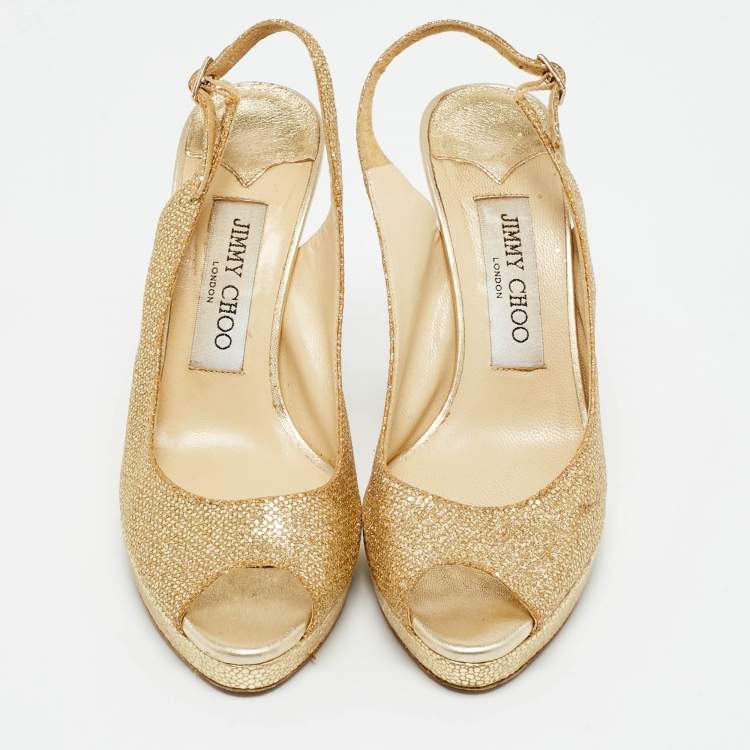 Pre Owned Jimmy Choo Gold Lurex Fabric verity Peep Toe Pumps Size 36