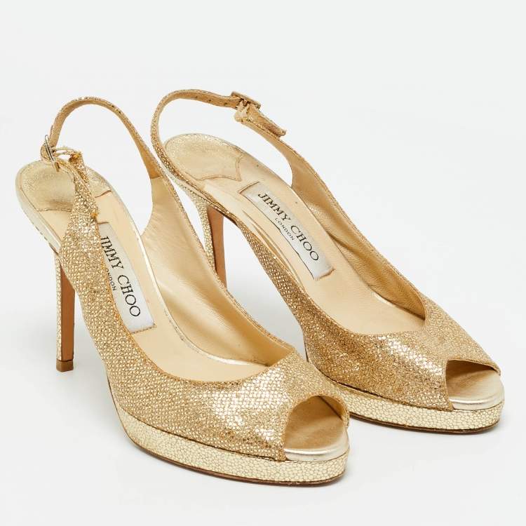 Pre Owned Jimmy Choo Gold Lurex Fabric verity Peep Toe Pumps Size 36