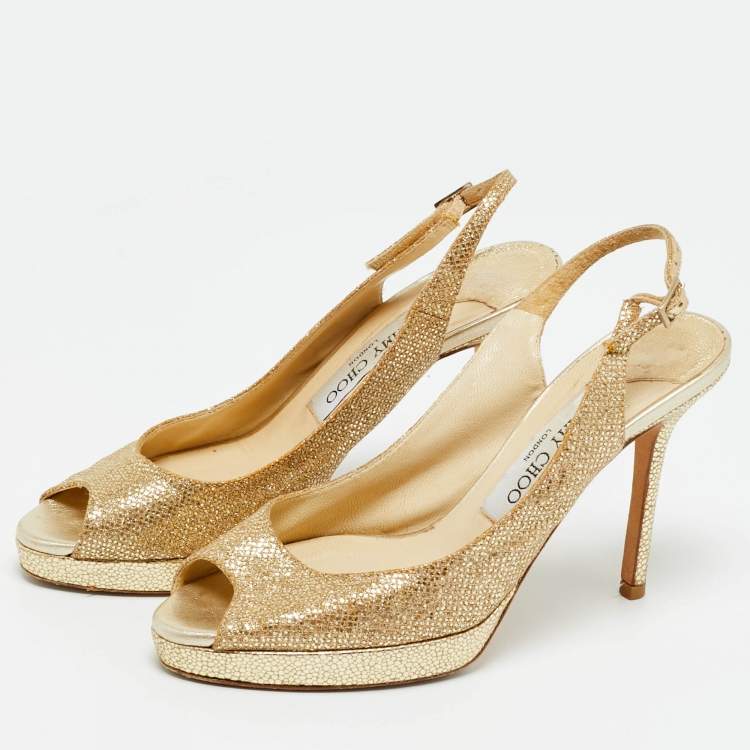 Pre Owned Jimmy Choo Gold Lurex Fabric verity Peep Toe Pumps Size 36