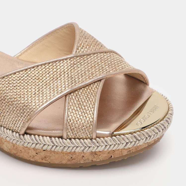Pre Owned Jimmy Choo Gold Woven Raffia Panna Wedge Sandals Size 36