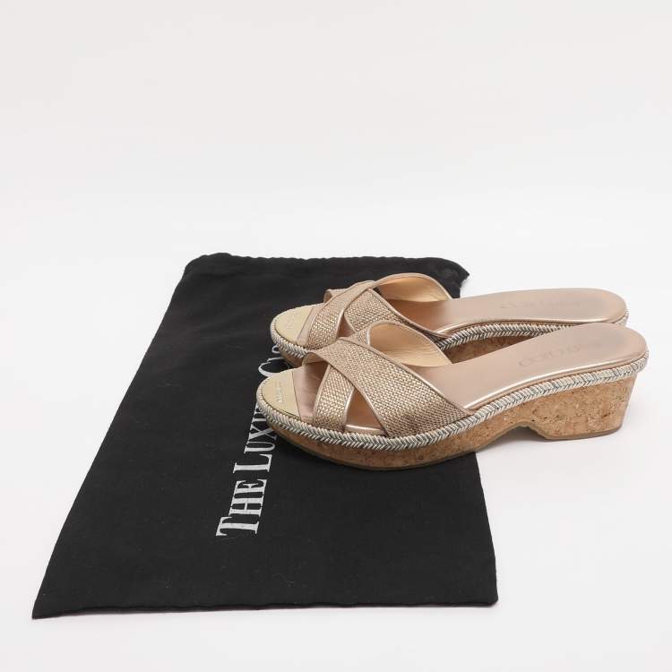 Pre Owned Jimmy Choo Gold Woven Raffia Panna Wedge Sandals Size 36