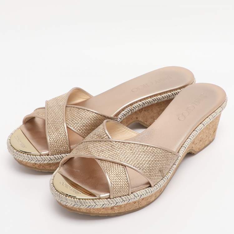 Pre Owned Jimmy Choo Gold Woven Raffia Panna Wedge Sandals Size 36