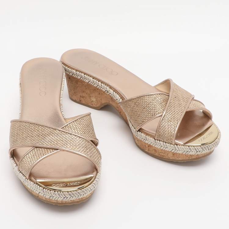 Pre Owned Jimmy Choo Gold Woven Raffia Panna Wedge Sandals Size 36