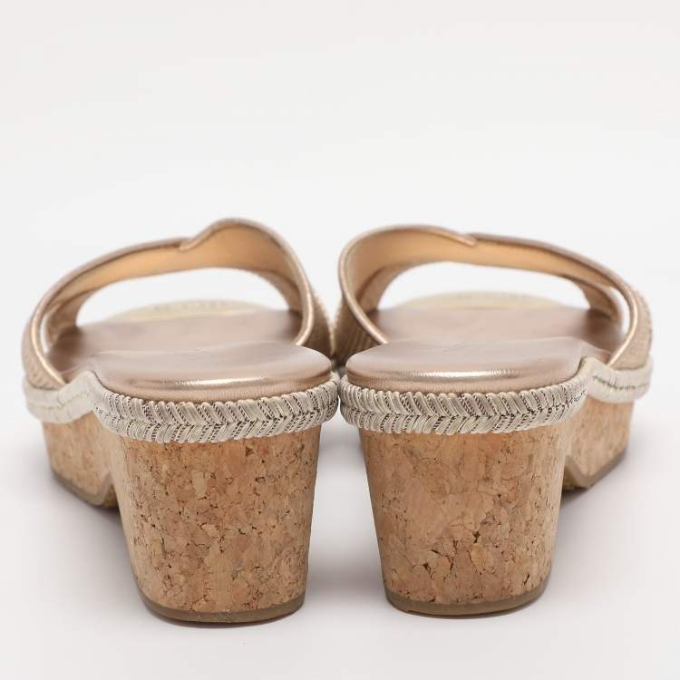 Pre Owned Jimmy Choo Gold Woven Raffia Panna Wedge Sandals Size 36