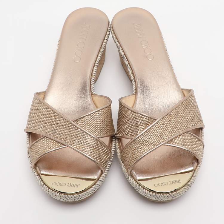 Pre Owned Jimmy Choo Gold Woven Raffia Panna Wedge Sandals Size 36